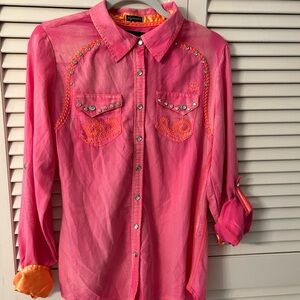 Roar Hot Pink Button-Up Blouse with Orange Trim and Rhinestones